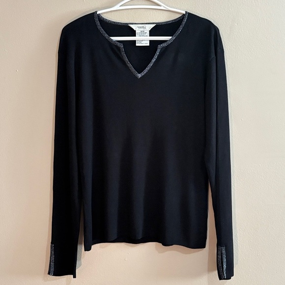90s Vintage Northern Reflections Black V-Neck Sweater w Silver Trim - Picture 2 of 9